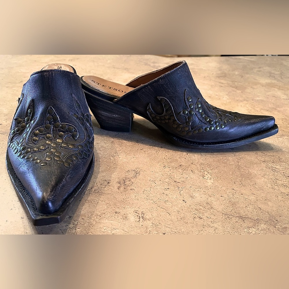 STETSON Western Mule. Sniptoe. Black Leather. Sz 9.5 Fits large-up to a 10-10.5